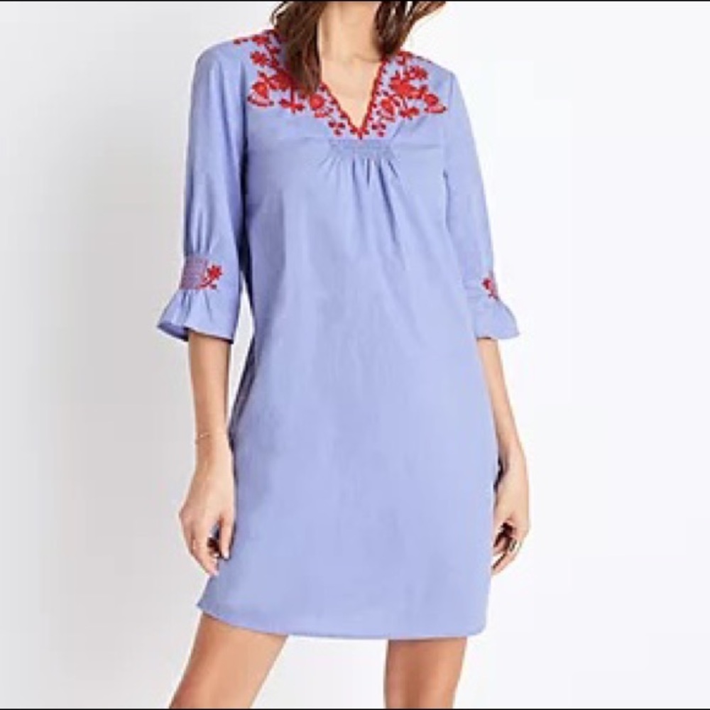 Madewell Blue Embroidered Breeze Dress w/ Red Embroidery